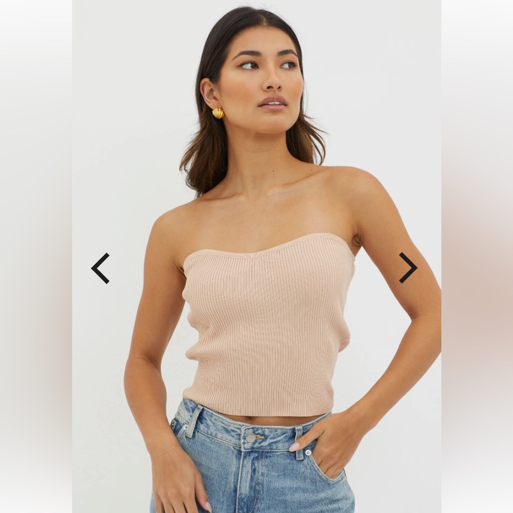 Elegant Beige Strapless Ribbed Top